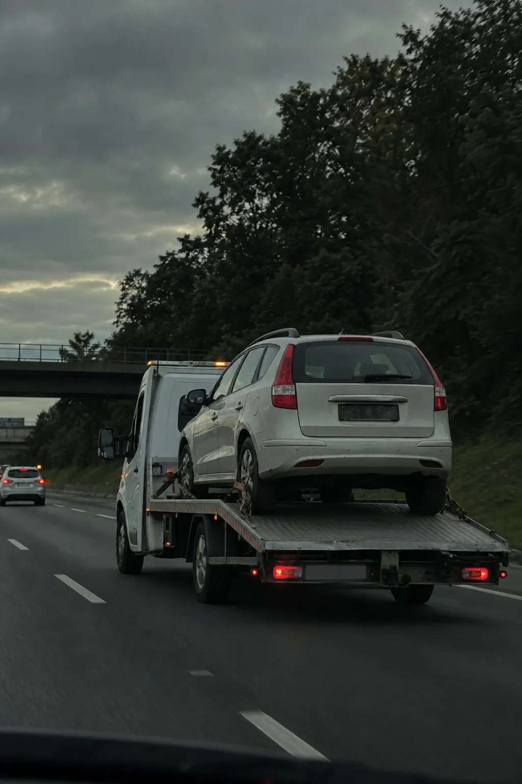 Carro em cima de um guincho plataforma na estrada — guincho na Nova Esperança, em Sorocaba