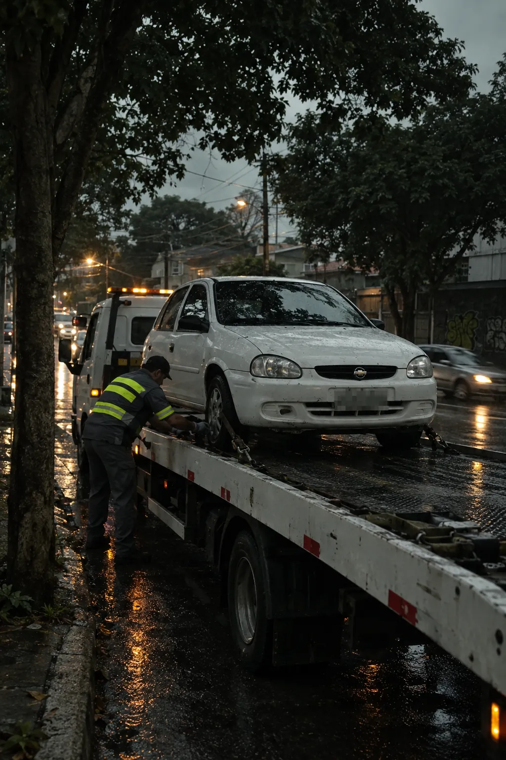 Operador prendendo as rodas do carro com cintas na plataforma do guincho — guincho na Vila Barcelona, em Sorocaba