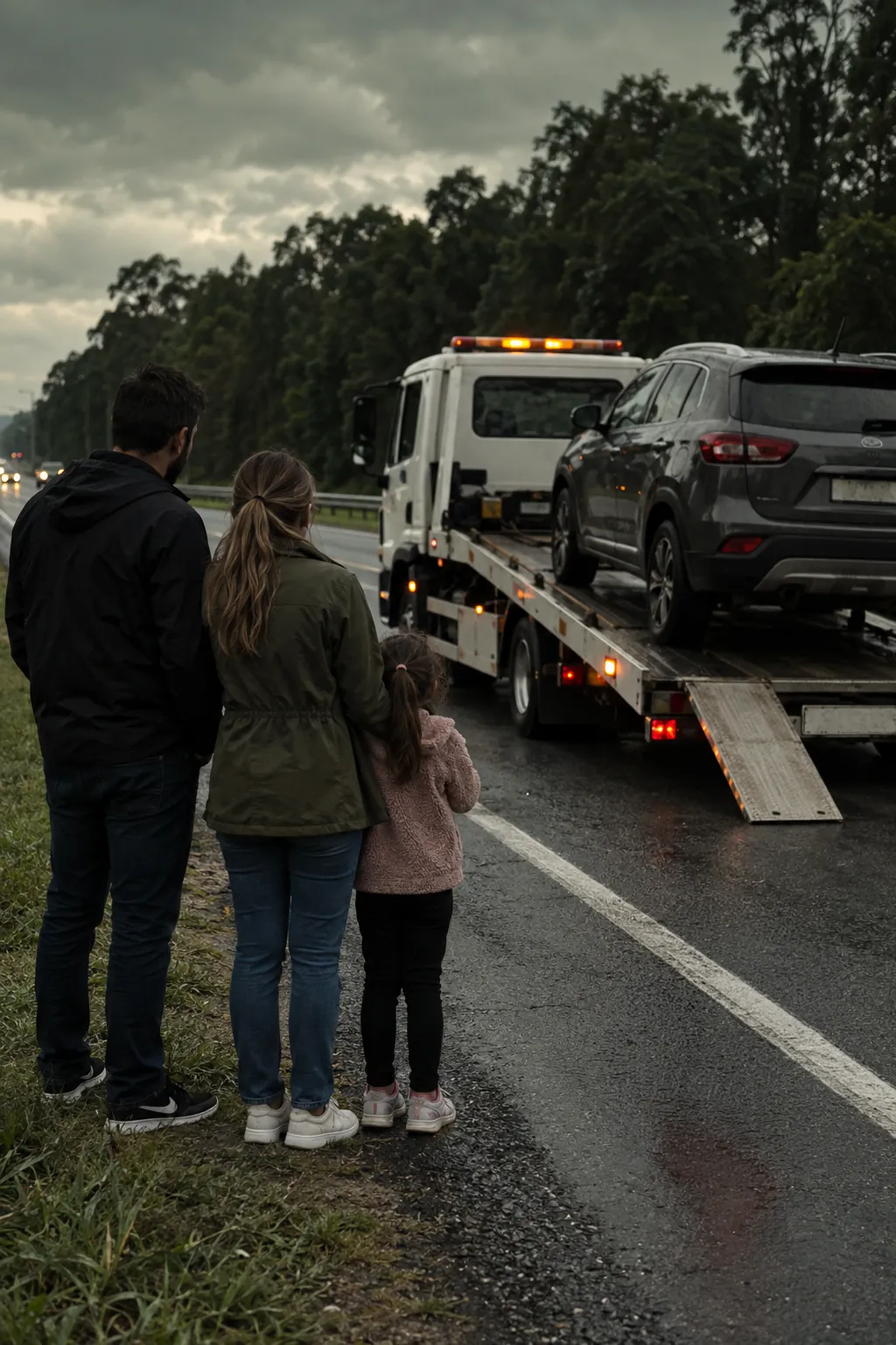 Família olhando o carro em cima do guincho plataforma, à beira da pista — guincho no Caguassu, em Sorocaba