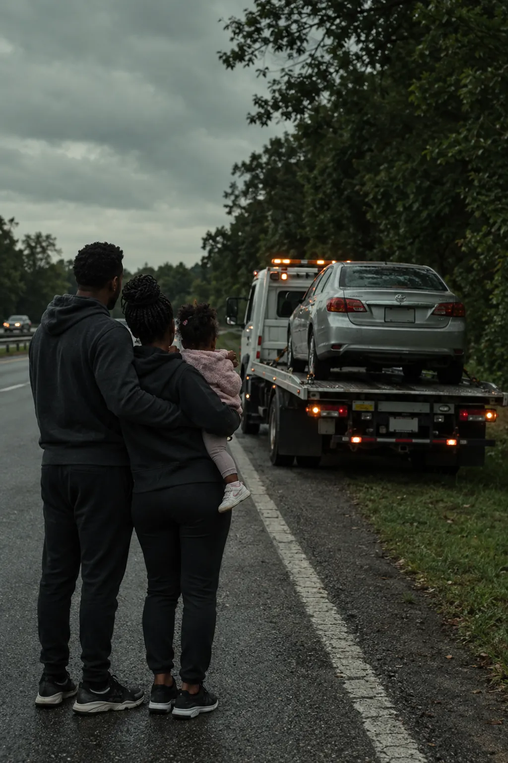 Família olhando o carro em cima do guincho plataforma, à beira da pista — guincho no Jardim Maria Antônia Prado, em Sorocaba