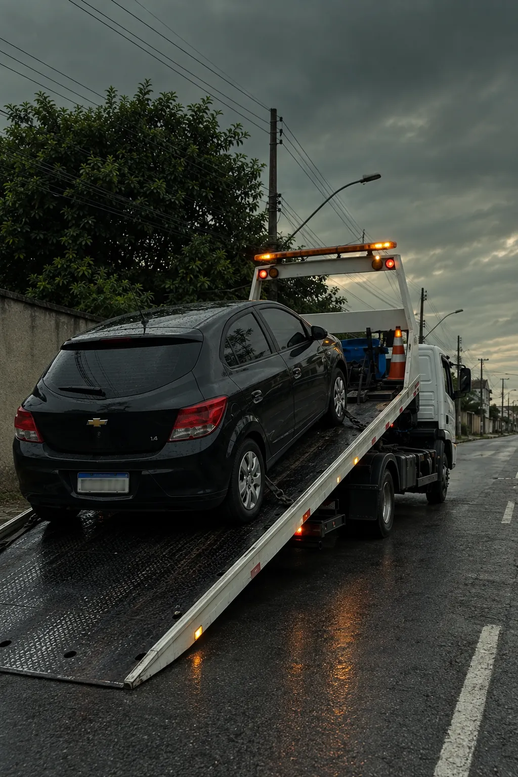 Carro subindo na plataforma do guincho — guincho no Jardim Vera Cruz, em Sorocaba